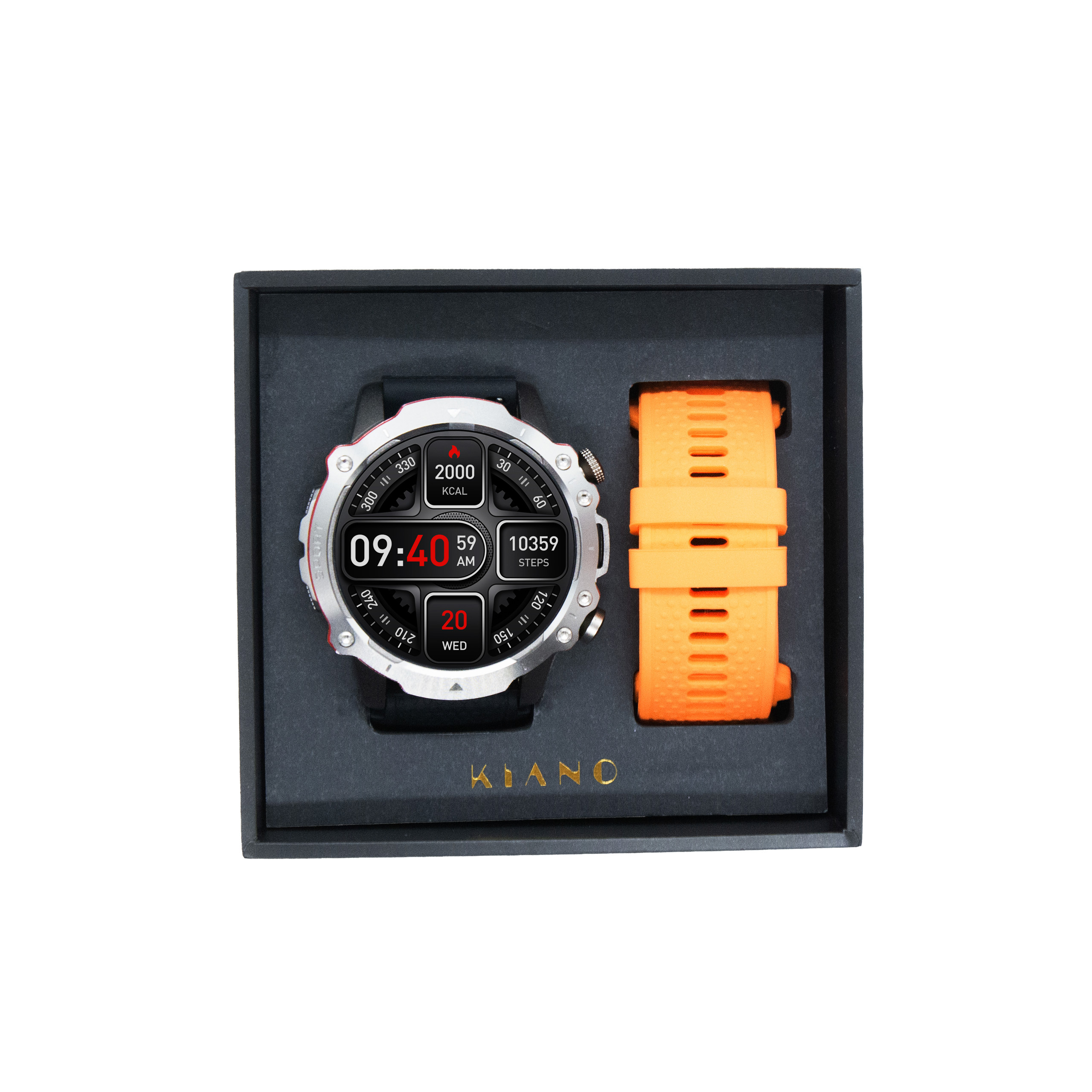 Smartwatch w pudełku z zapasowym pomarańczowym paskiem. Tarcza wyświetla czas i dane aktywności.