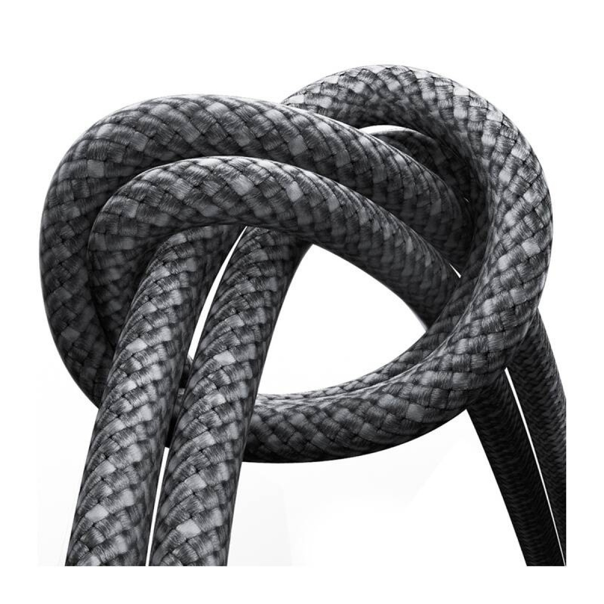 Pleciony czarny kabel, w pętlach, na białym tle.