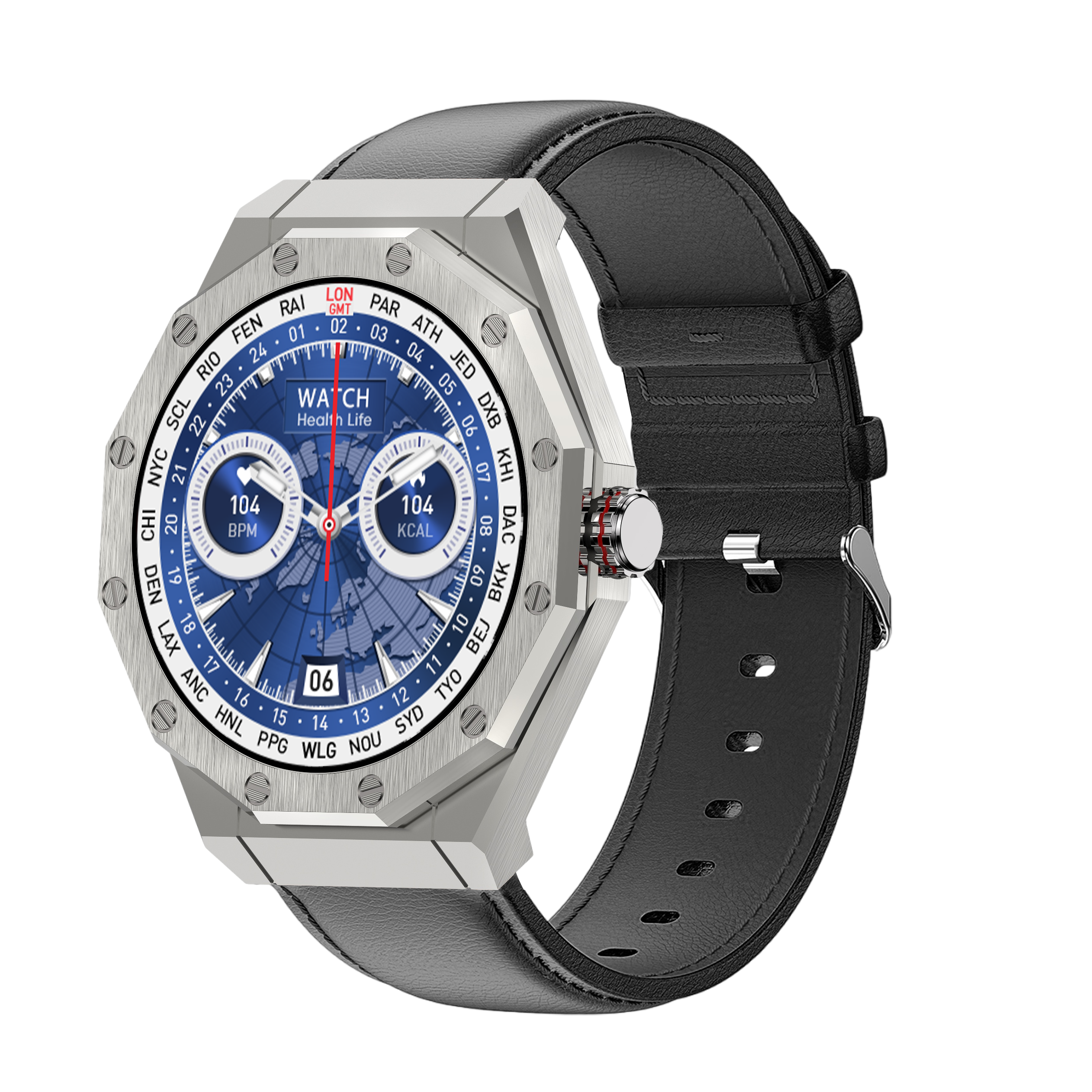 Smartwatch z czarnym paskiem i srebrną ramką, czas światowy, na czarnym tle.