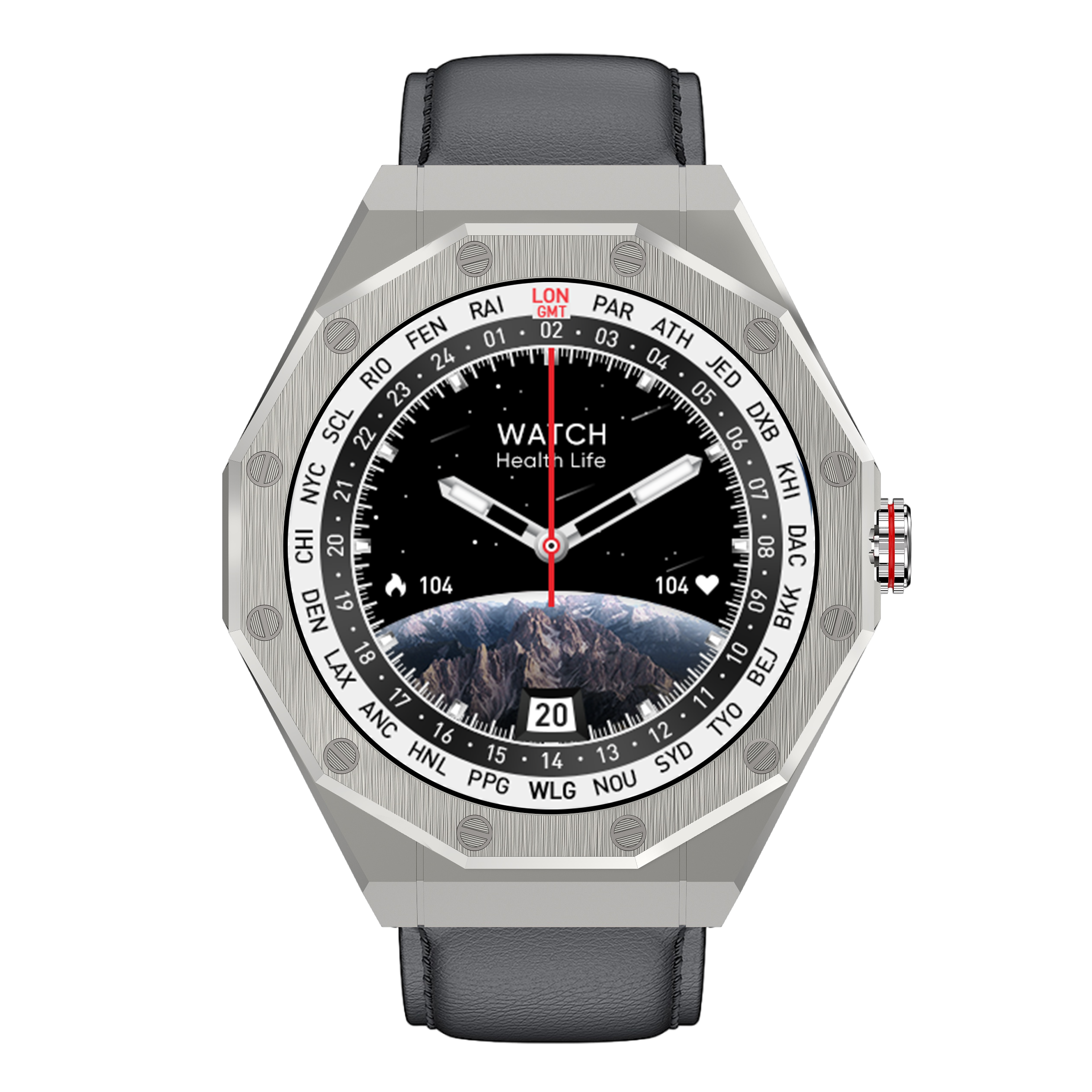 Srebrny smartwatch z czarnym paskiem. Tarcza wyświetla czas i miasta świata. Czarne tło.