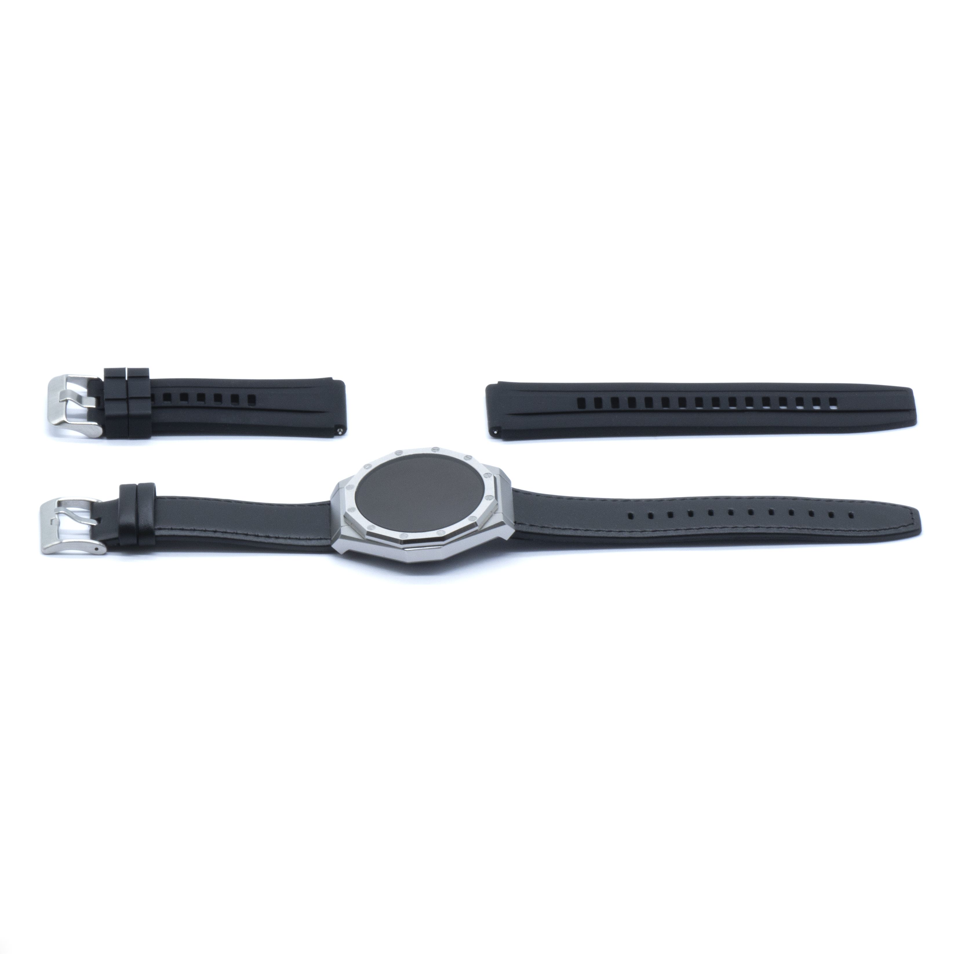 Smartwatch z paskami, czarny i srebrny, elementy na białym tle.