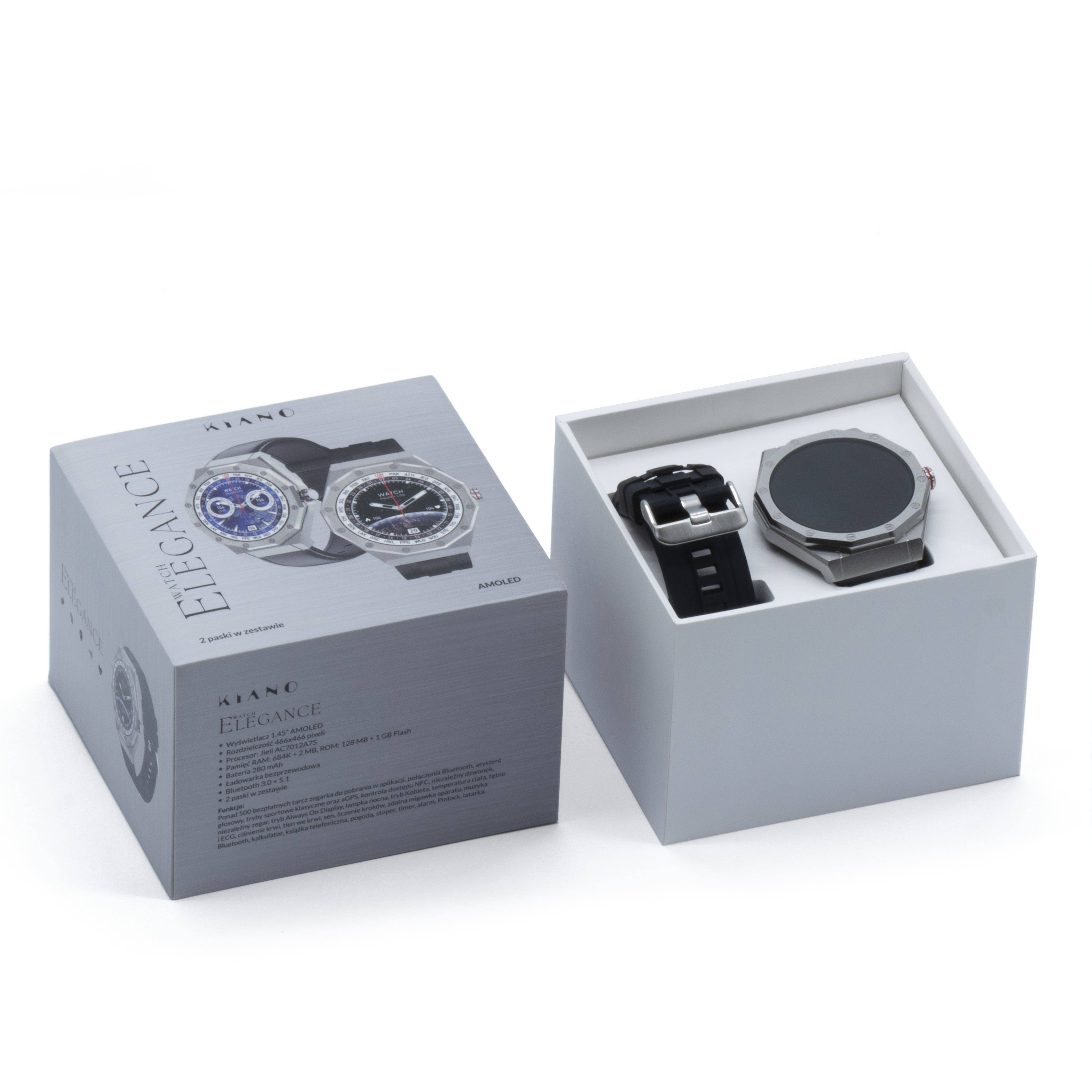 Smartwatch z dwoma paskami, w pudełku, z opisem produktu.