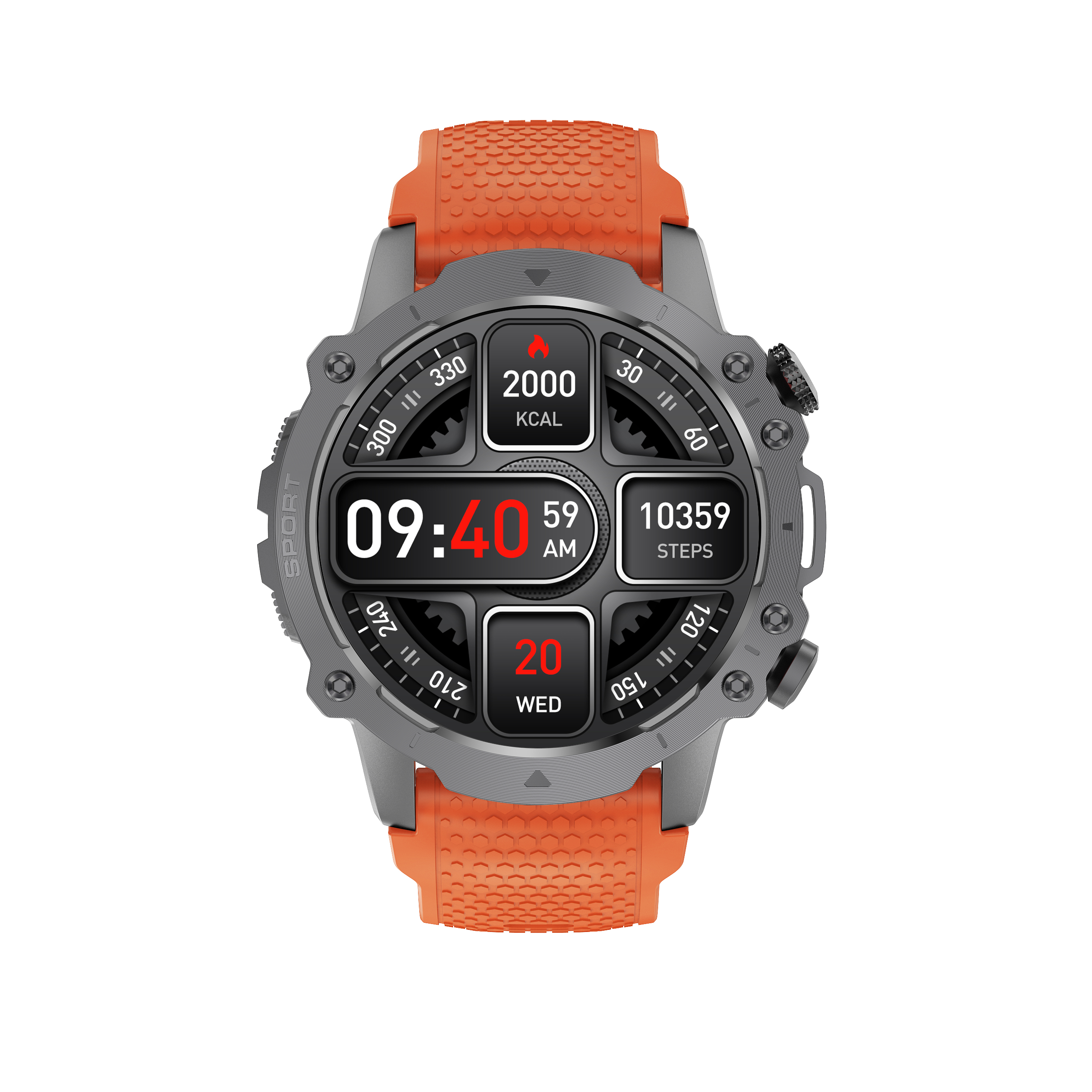 Szary smartwatch z pomarańczowym paskiem, wyświetlający czas, kroki i kalorie.