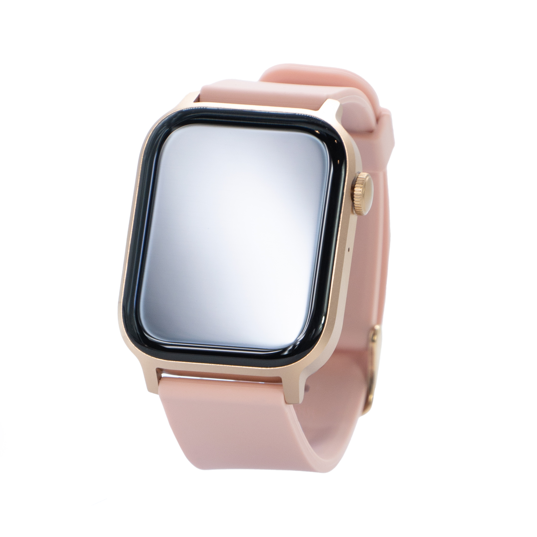 Smartwatch ze złotą różą kopertą i jasnoróżowym paskiem. Ekran jest pusty i odblaskowy.