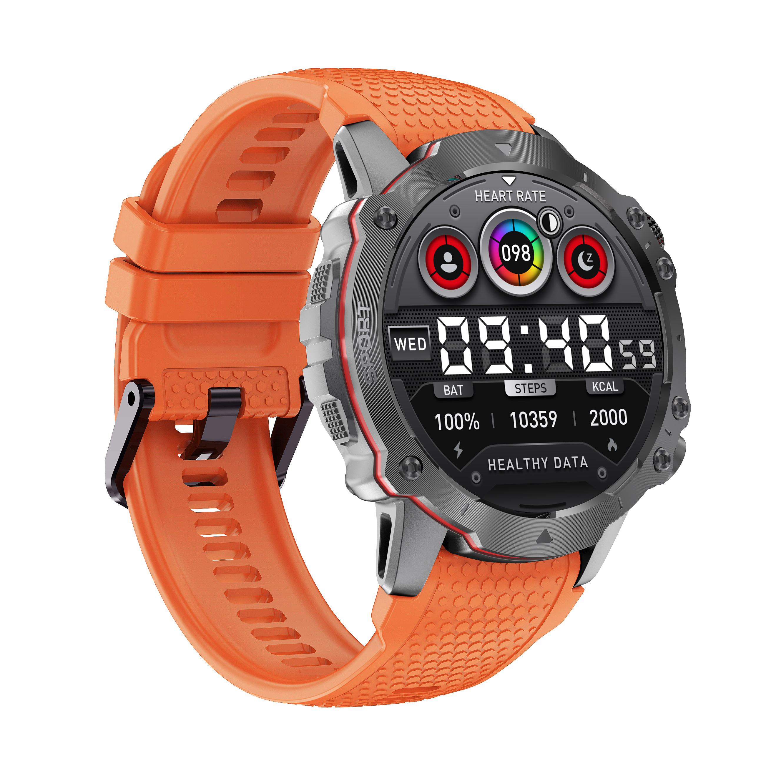 Szary smartwatch z pomarańczowym paskiem, wyświetlający czas, kroki i dane zdrowotne.