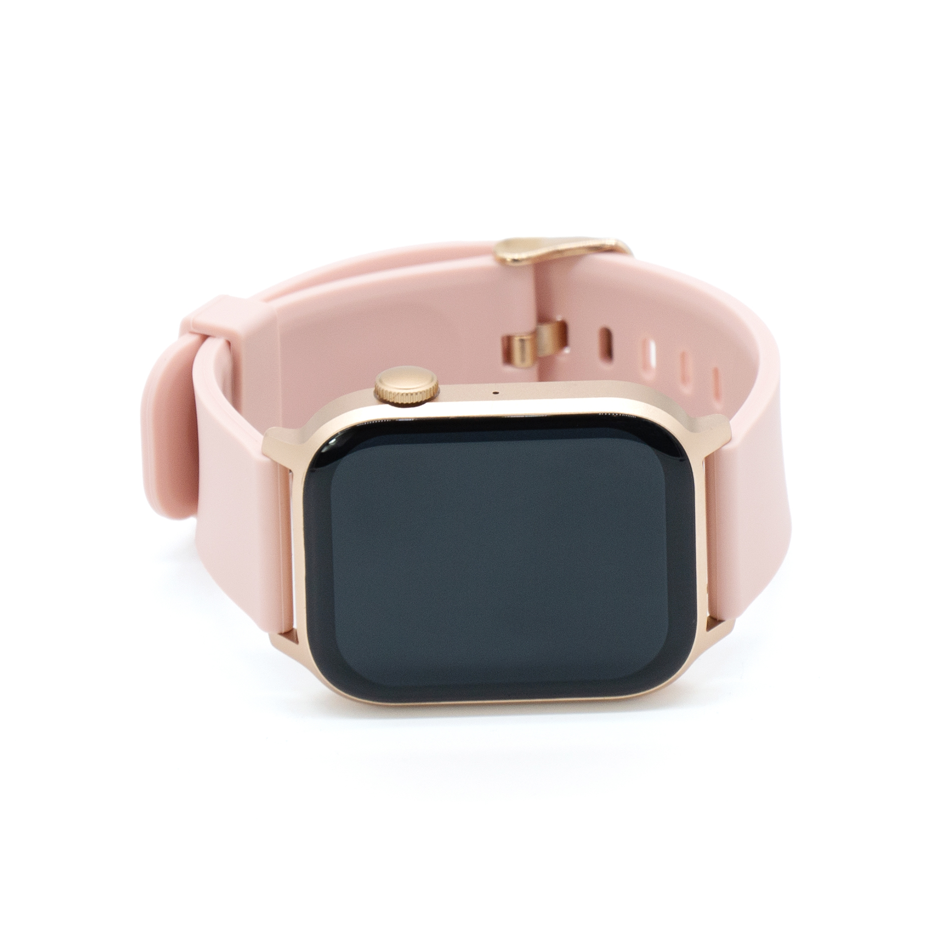 Różowy smartwatch ze złotą kopertą i paskiem. Czarny ekran. Białe tło.