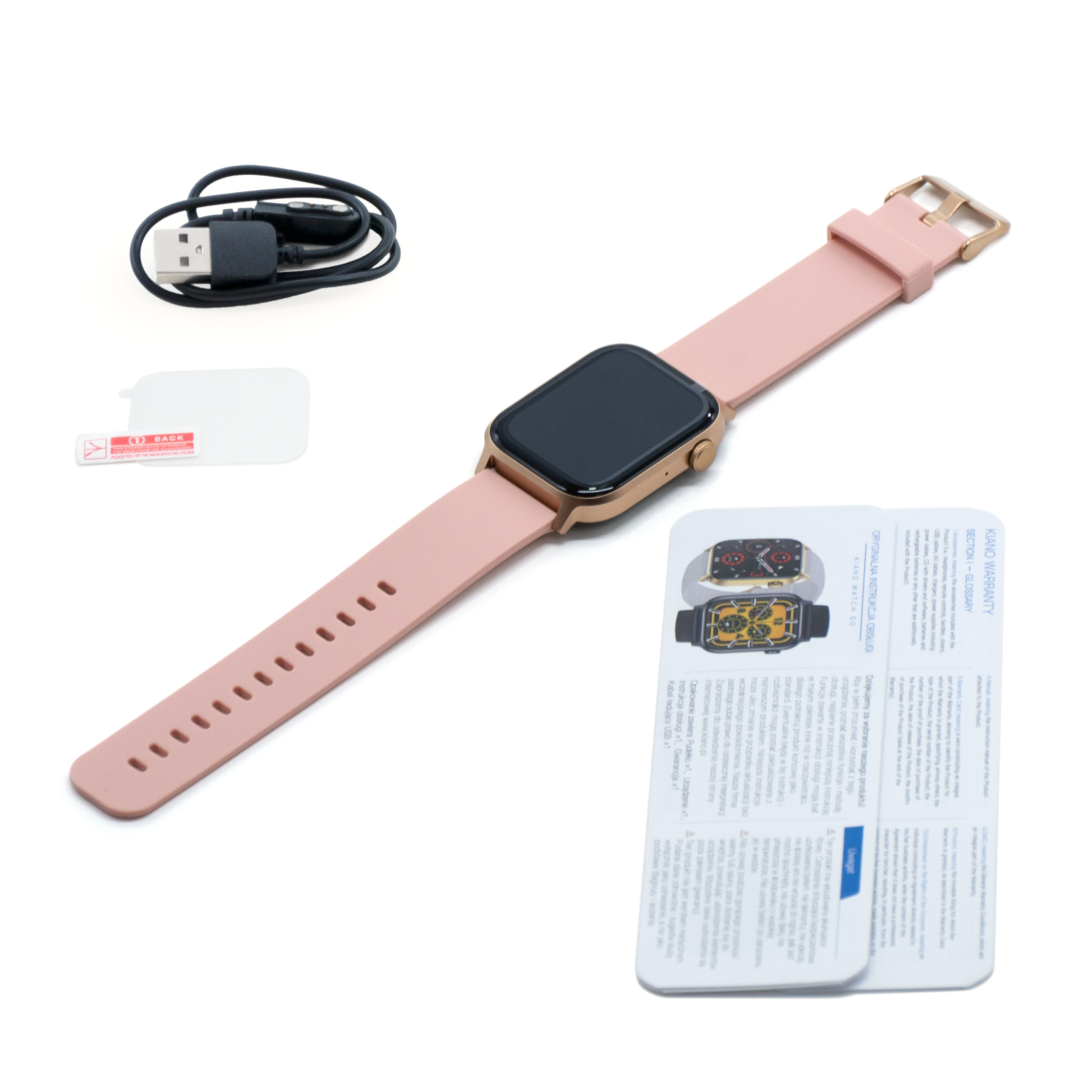 Smartwatch i akcesoria, w tym różowy pasek, kabel ładujący i papiery gwarancyjne.