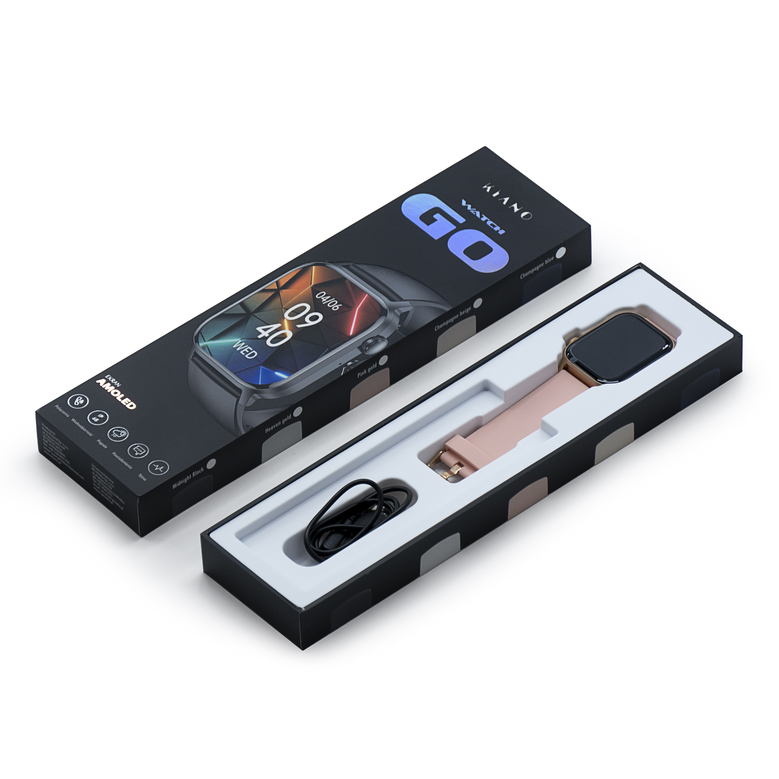 Smartwatch w otwartym pudełku, widoczny zegarek i pasek. Na pudełku nazwa marki i szczegóły zegarka.