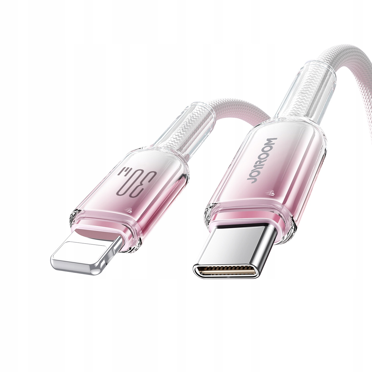 Ladekabel mit Lightning- und USB-C-Anschluss, beide rosa. Das Kabel selbst ist weiß.