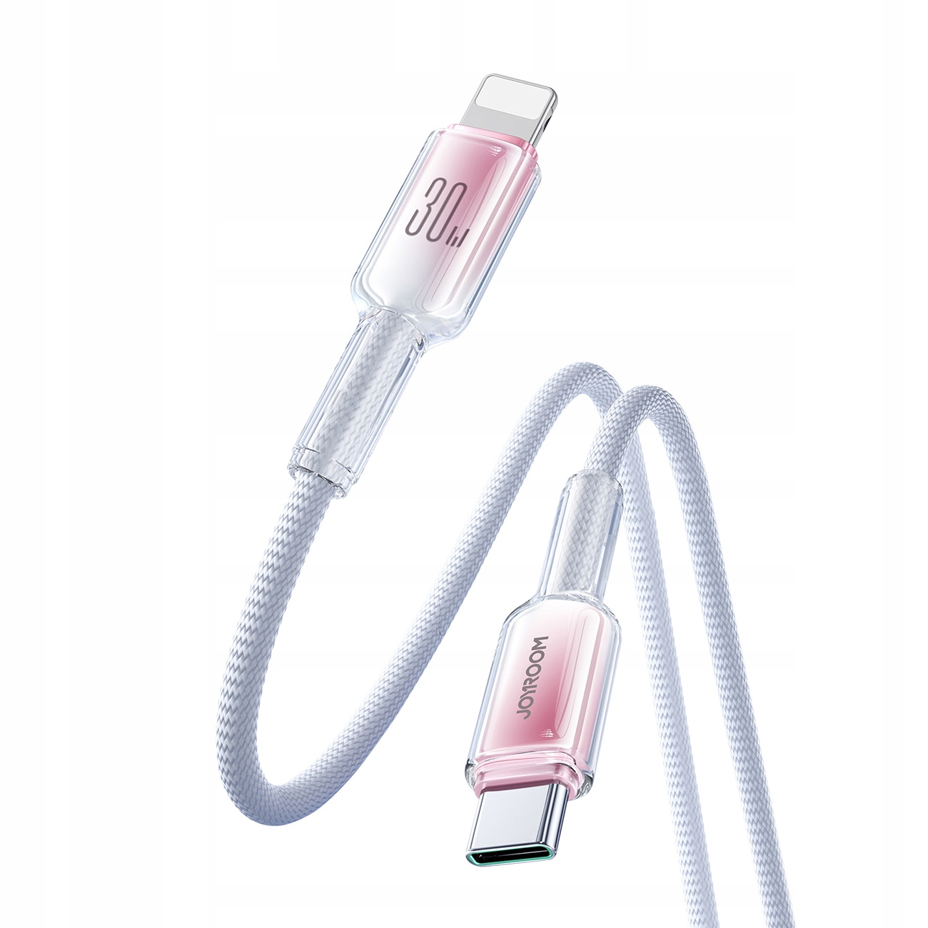 Ein weißes USB-Kabel mit einem rosa und transparenten Stecker. Weißer Hintergrund.