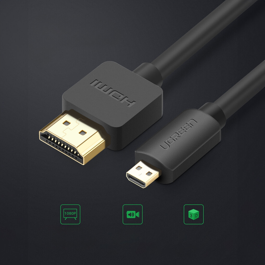Czarny kabel HDMI do Micro USB z ikonami 1080p i 3D.