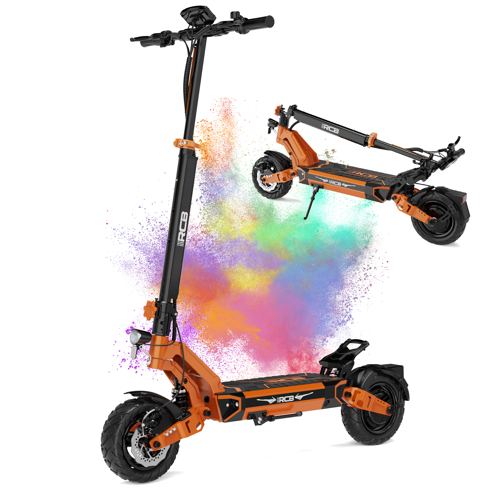 Hulajnoga elektryczna w kolorze pomarańczowo-czarnym, z kolorowym rozpryskiem w tle. Drugi skuter jest pokazany złożony.
