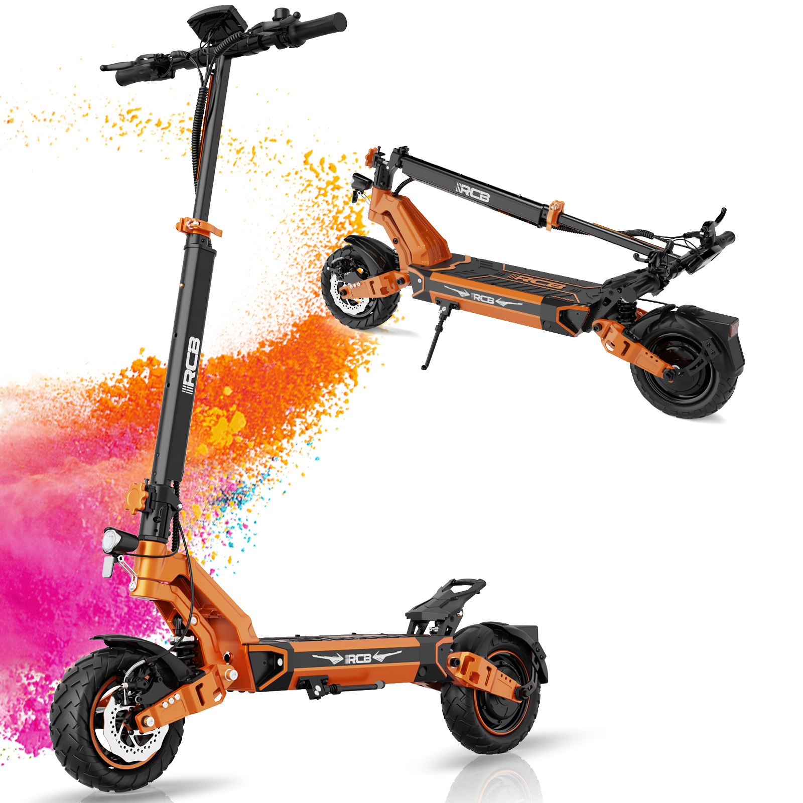 Pomarańczowy i czarny skuter, pokazany w pozycji złożonej i rozłożonej. Jasne kolory na białym tle.