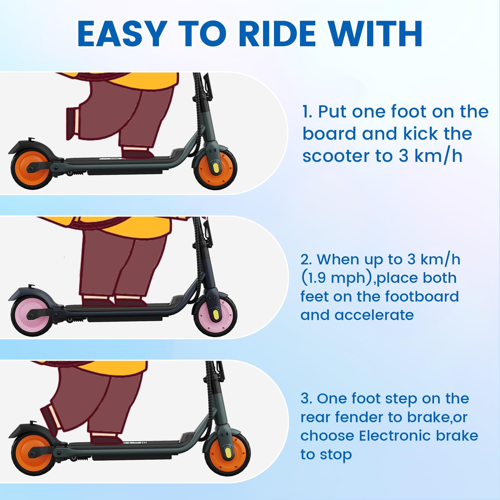 Ilustracje pokazują, jak używać skutera. Opisuje kroki do jazdy na skuterze sekwencyjnie.
