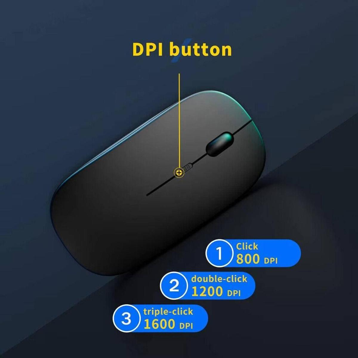 Schwarze kabellose Maus mit DPI-Taste, Klick-, Doppel- und Dreifachklick-Optionen. Der Hintergrund ist ein dunkler Blauton.