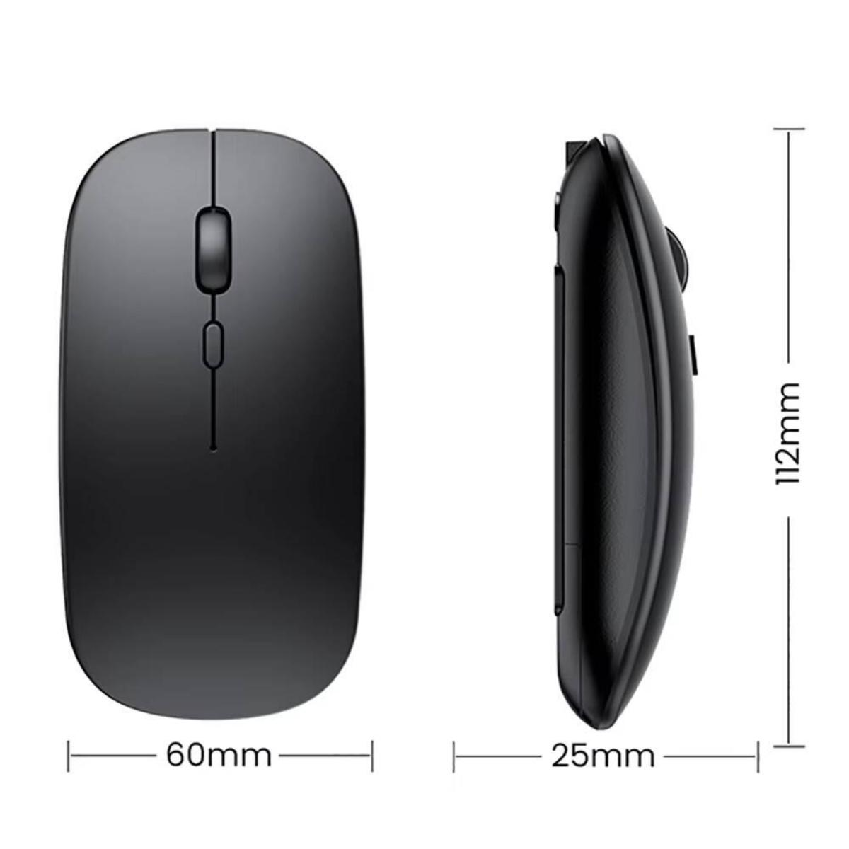 Eine schwarze Computermaus, von oben und von der Seite betrachtet. Sie hat zwei Tasten und ein Scrollrad. Abmessungen sind angegeben.