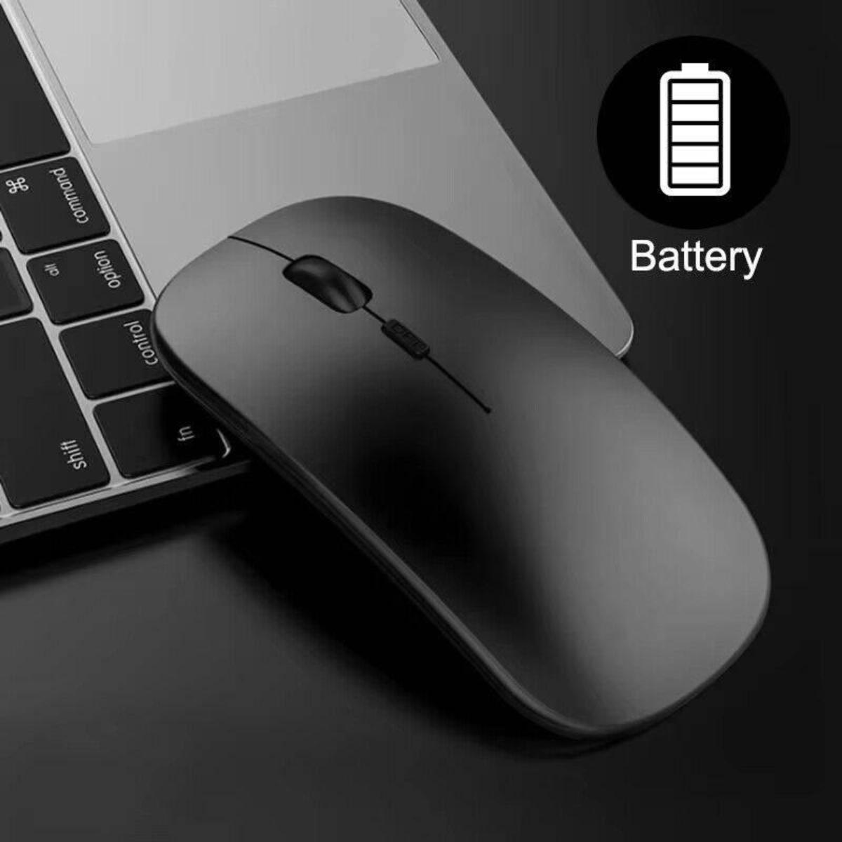 Eine schwarze kabellose Maus auf einer Laptop-Tastatur mit einem Akkusymbol daneben.
