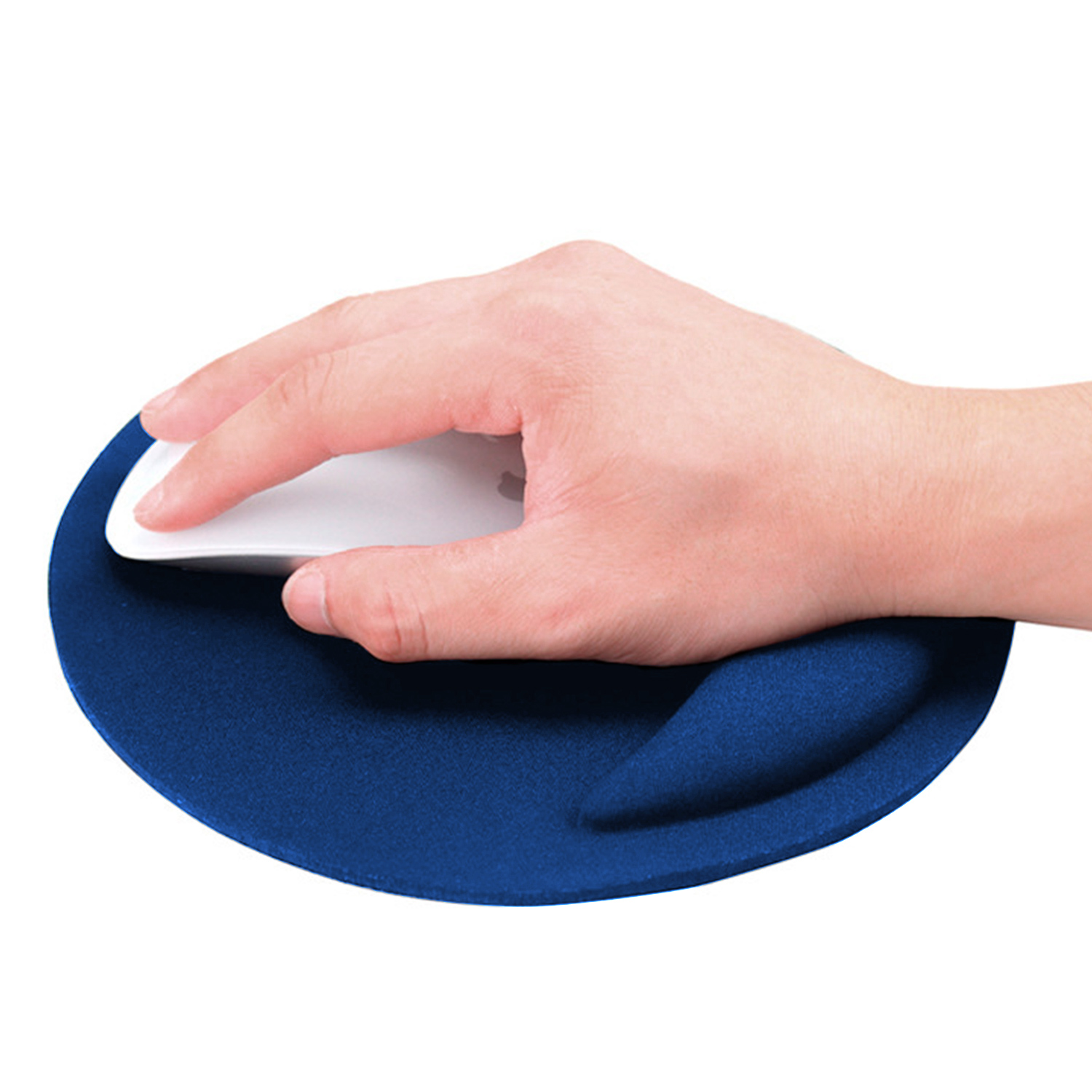 A hand resting on a blue, oval-shaped, ergonomic mouse pad. A white mouse is being used.