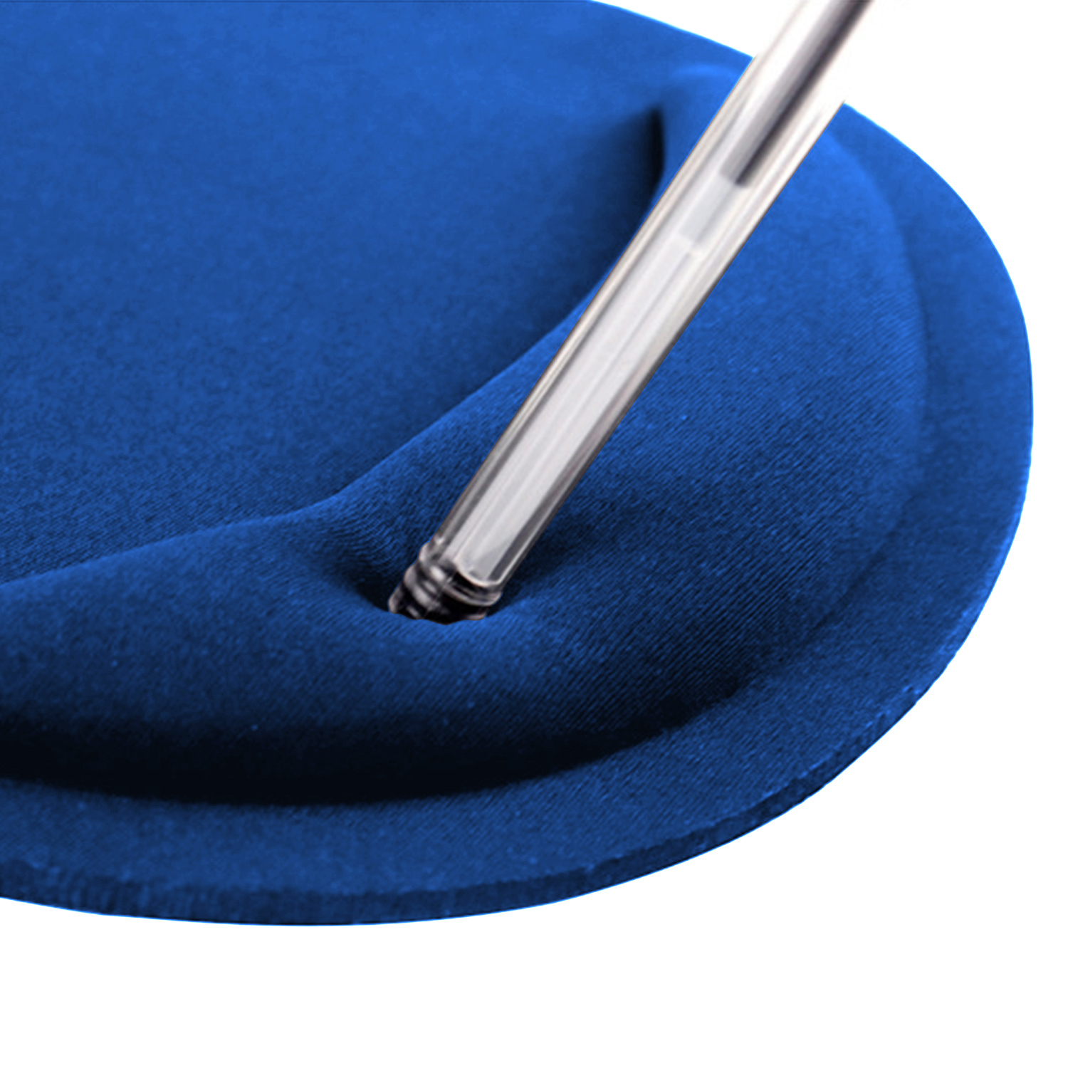 A blue ergonomic mouse pad with a pen inserted into the groove. White background.