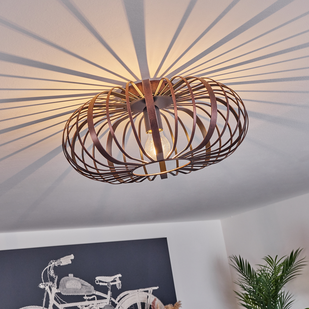 Eine kupferfarbene Deckenlampe, die einen Schatten wirft. An der Wand ist ein Fahrradgemälde.