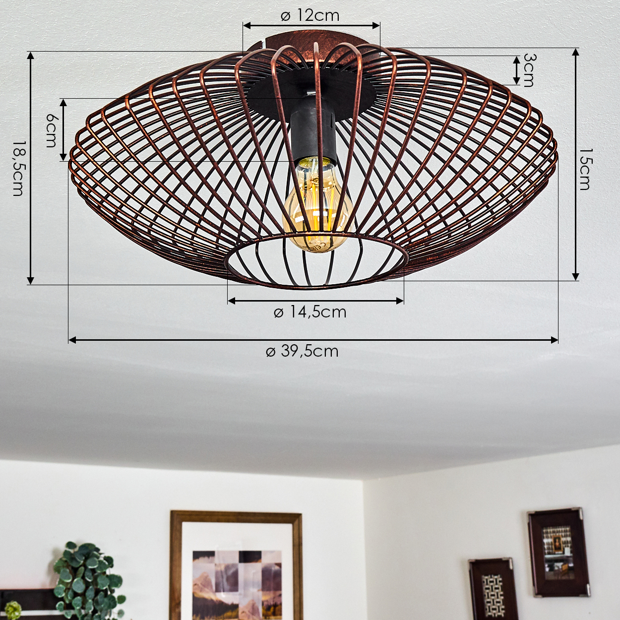 Nahaufnahme einer Deckenlampe. Sie hat eine kupferfarbene, ovale Form, ein Drahtrahmen-Design und eine Glühbirne.