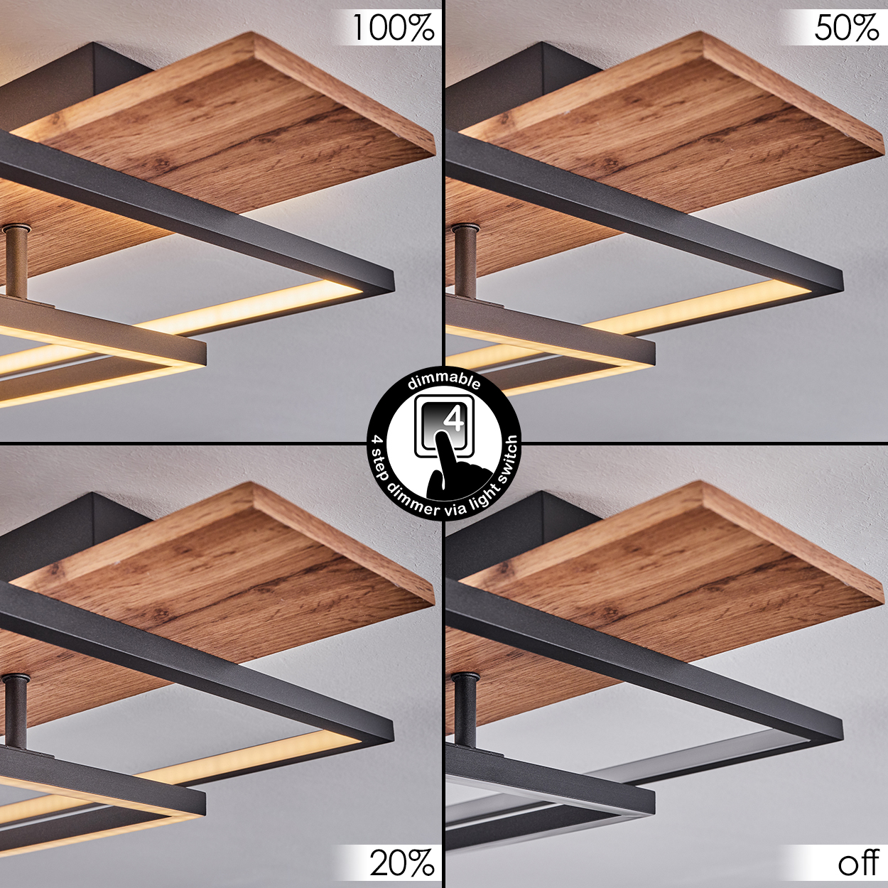 Vier Bilder, die eine Deckenleuchte bei verschiedenen Dimmstufen zeigen: 100 %, 50 %, 20 % und aus. Holzpaneel.