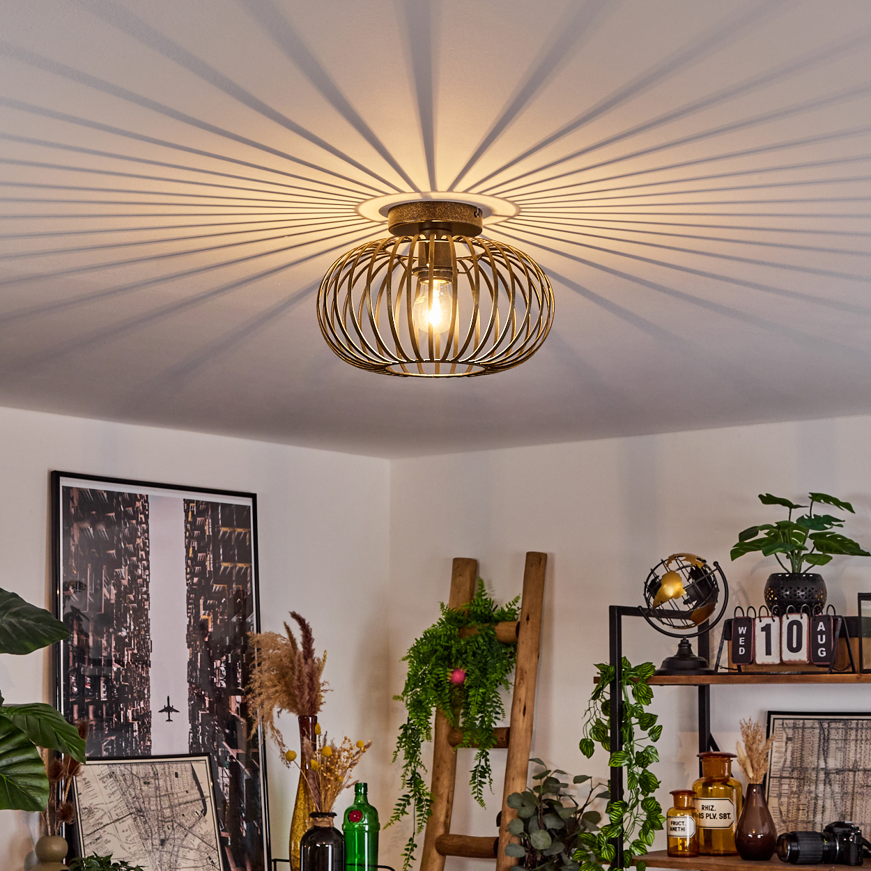Eine käfigartige Deckenlampe mit sichtbarer Glühbirne. Schatten strahlen von der Lampe aus.