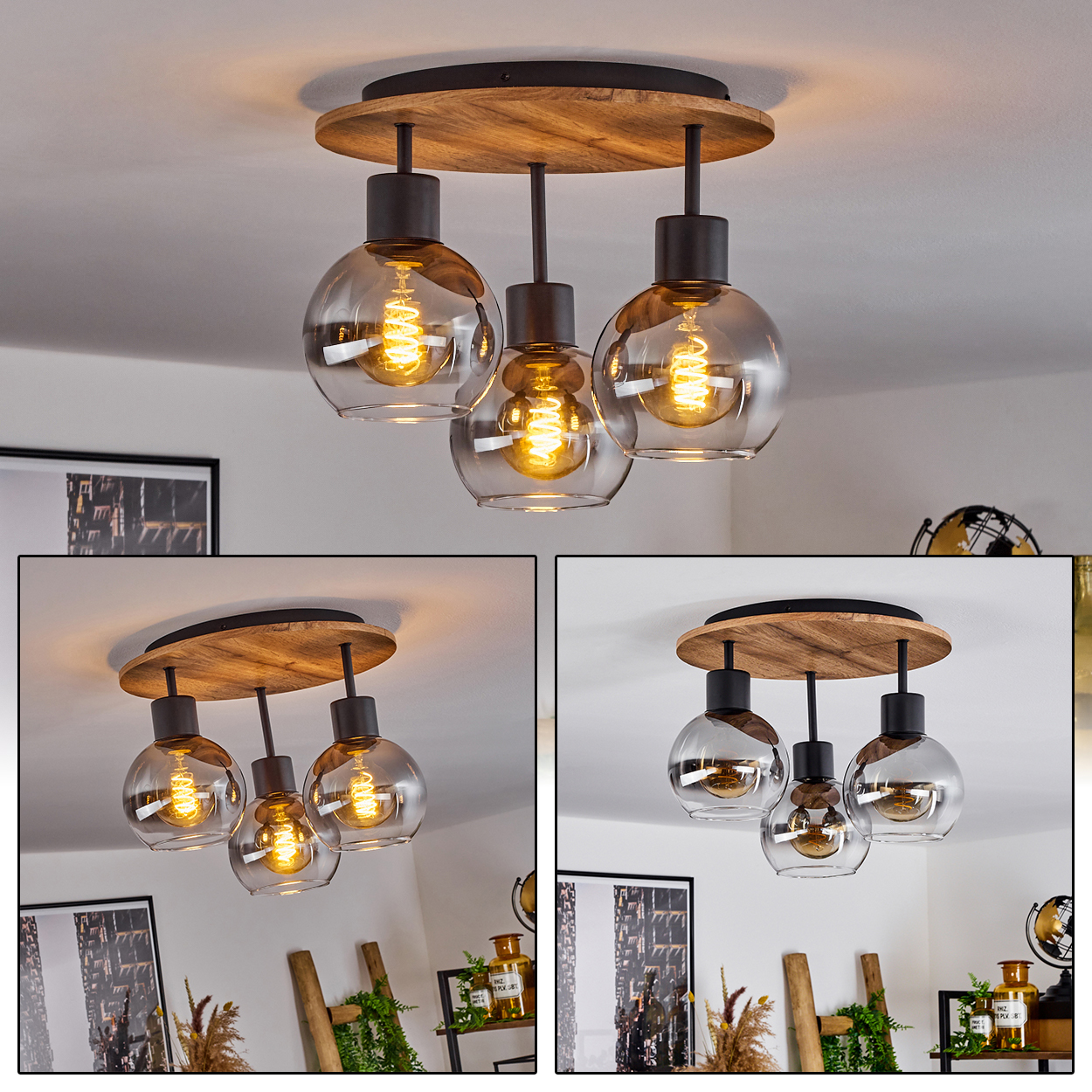 Deckenlampe mit drei Glasschirmen mit Glühbirnen. Holzsockel und Dekoration im Raum. Die Lampe ist der Fokus.