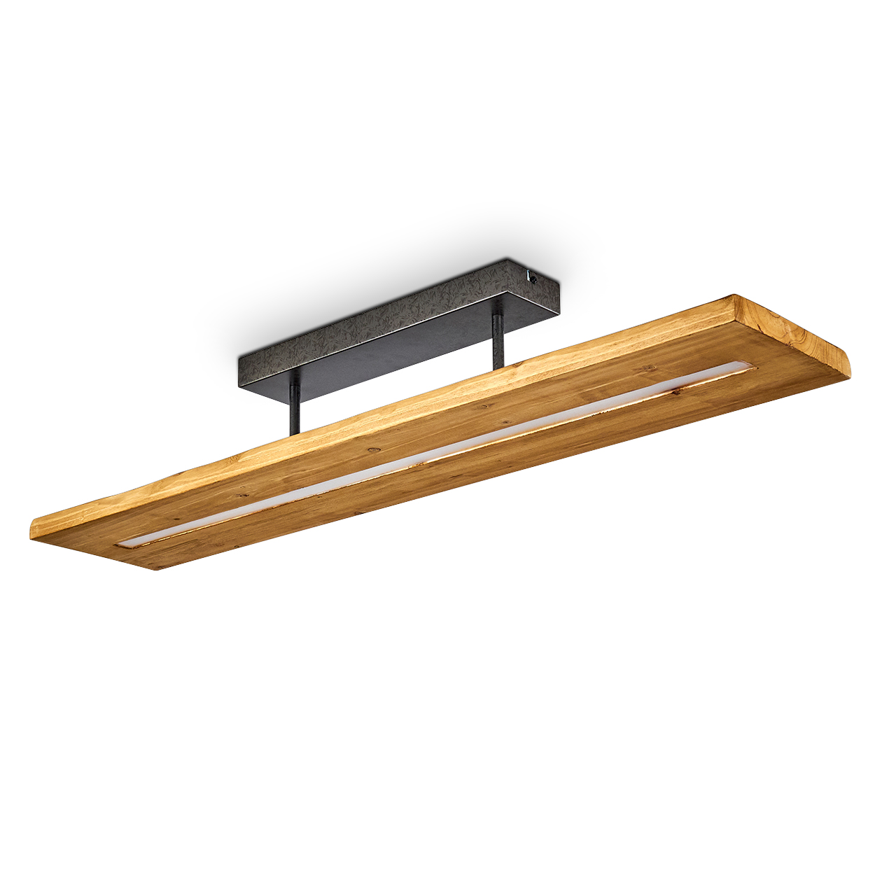 Deckenlampe mit Holzsockel und weißem Lichtband. Die Lampe ist rechteckig.