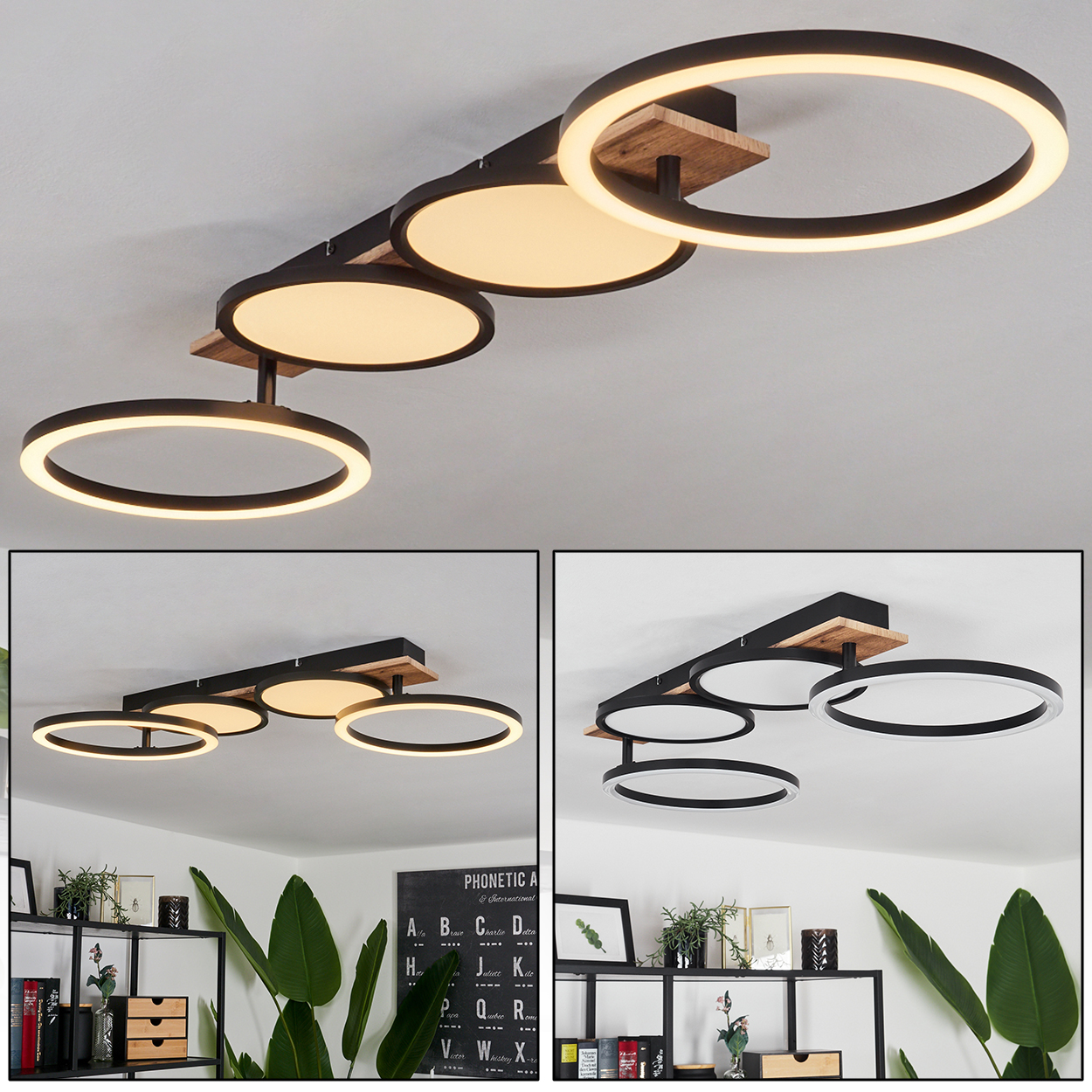 Deckenlampe mit Holz- und schwarzen Elementen. Sie hat drei kreisförmige Lichter.