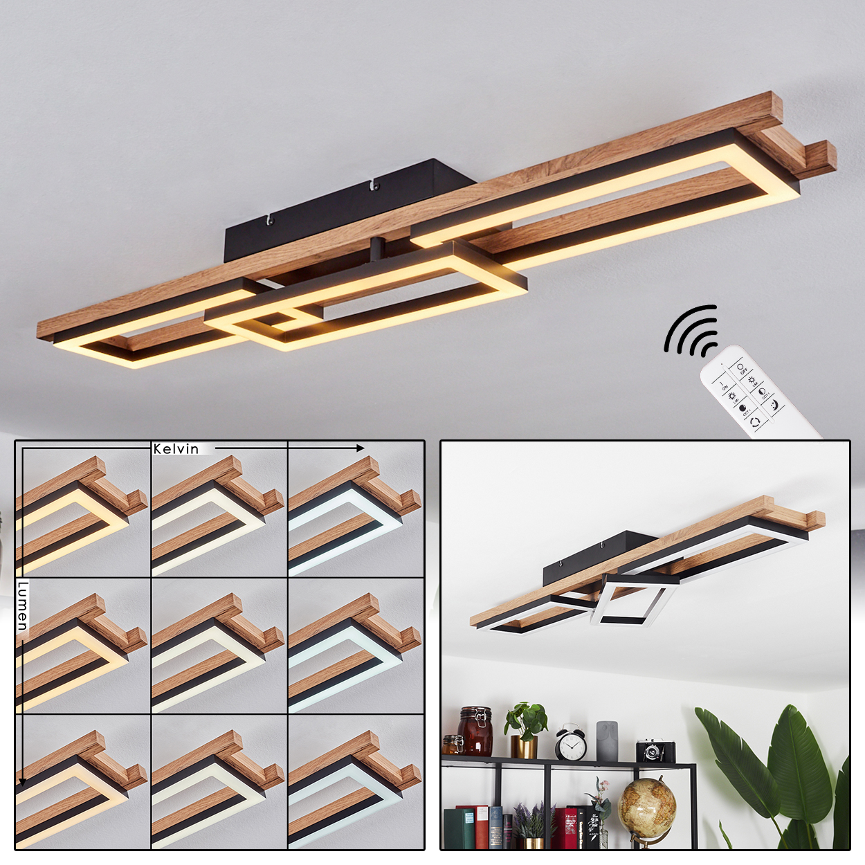 Rechteckige Deckenlampe mit Holz- und schwarzen Rahmen. Sie hat eine Fernbedienung und verschiedene Lichteinstellungen.