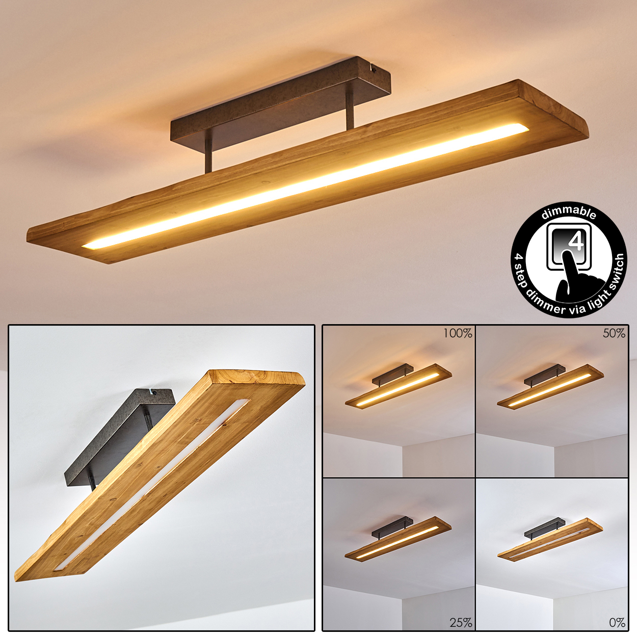 Eine rechteckige Deckenlampe aus Holz mit zentralem Lichtstreifen, die Dimmoptionen zeigt.