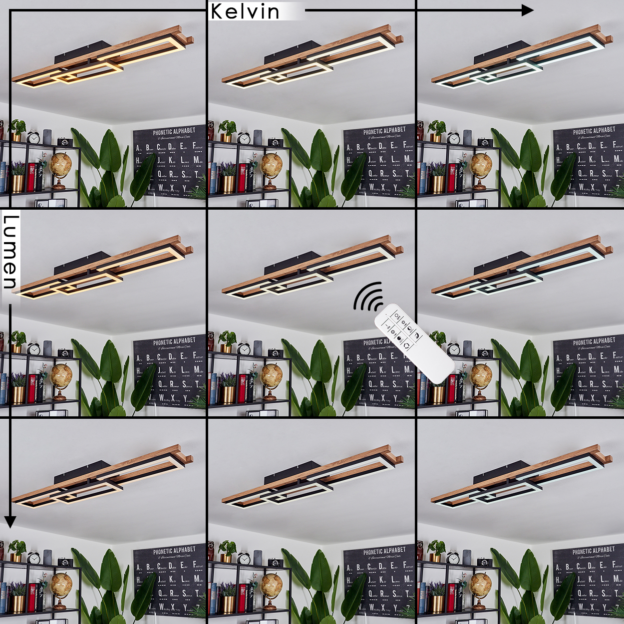 Neun Bilder zeigen eine Deckenlampe mit Holzsockel und Schwarz-Weiß-Leuchten, variiert nach Kelvin und Lumen.