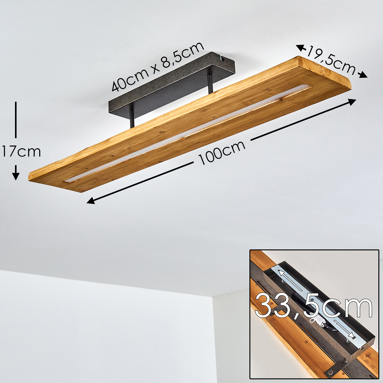 Eine rechteckige Holzlampe mit zentralem Lichtstreifen, Abmessungen 100 cm x 19,5 cm und 17 cm Höhe.