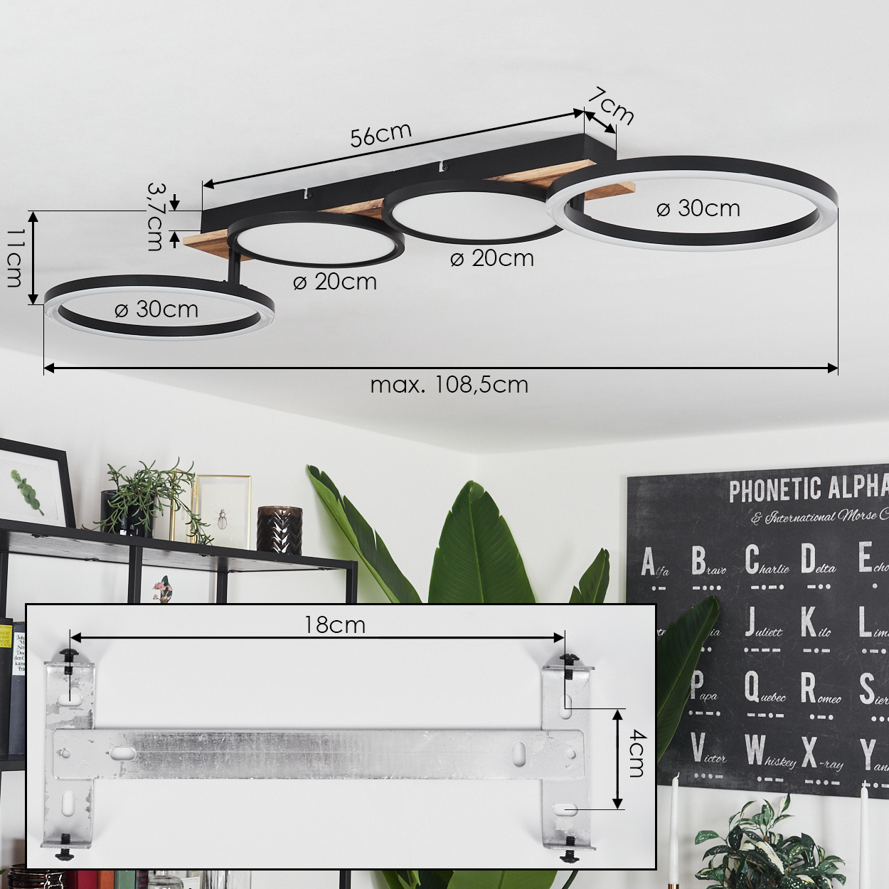 Eine Deckenlampe mit vier schwarzen Ringen mit weißem Licht und Holzelementen, mit Abmessungen und Kontext.