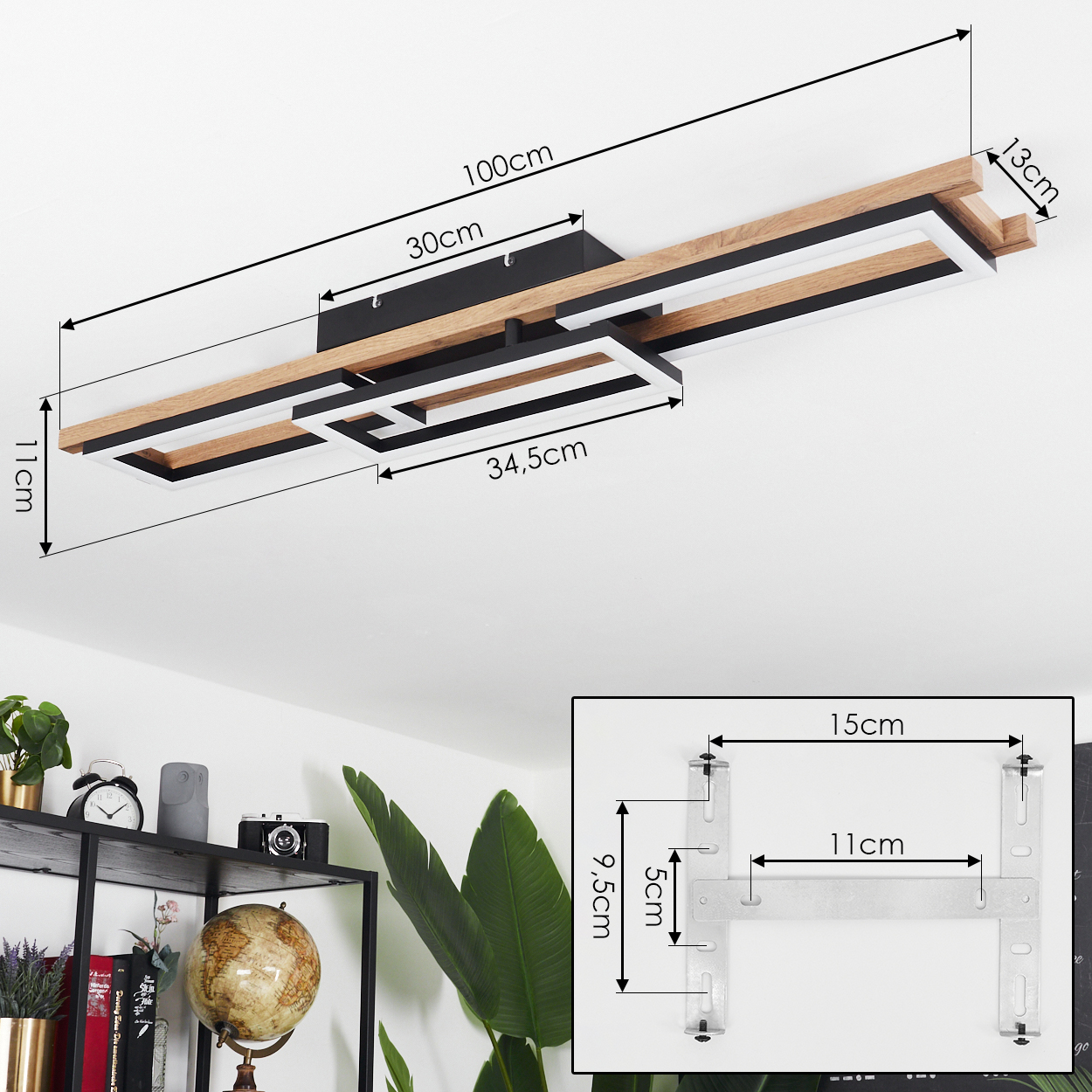 Deckenleuchte mit Bemaßung. Holz- und schwarze Rechtecke mit weißen Lichtstreifen. Unten: Regal mit Gegenständen.