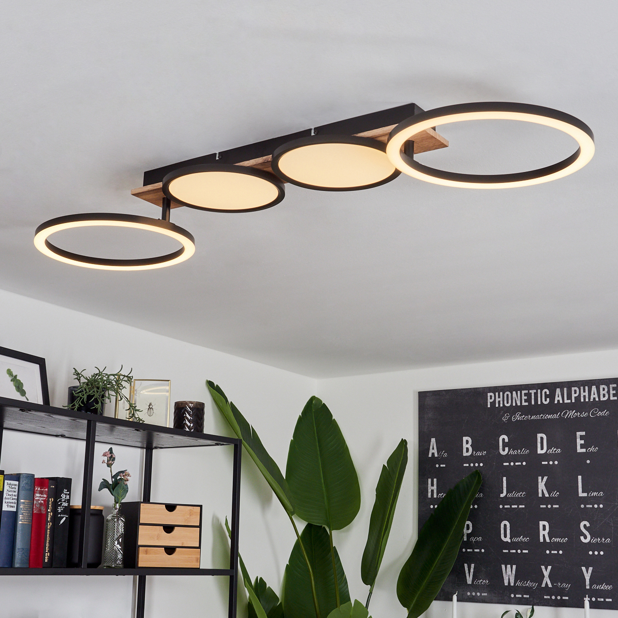 Deckenleuchte mit mehreren kreisförmigen Lichtern und Holzakzenten. Darunter ein Regal mit Dekorationen und grünen Pflanzen.