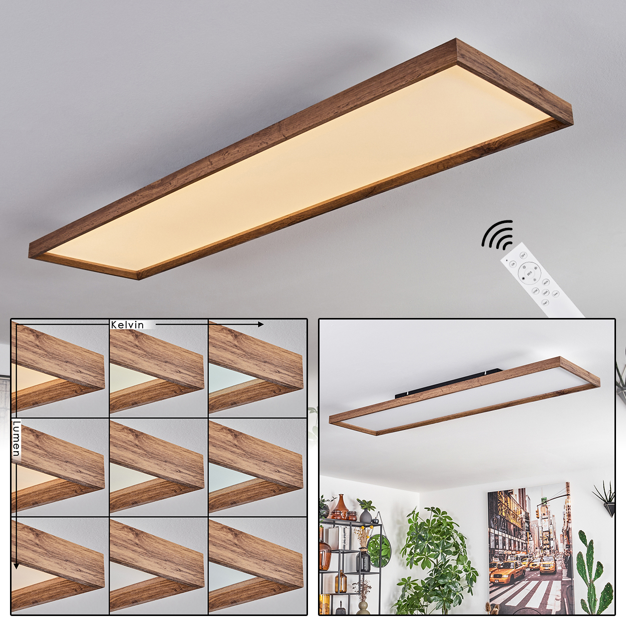 Deckenleuchte mit Holzrahmen und großem beleuchteten Panel, zeigt verschiedene Lichtfarboptionen. Fernbedienung.