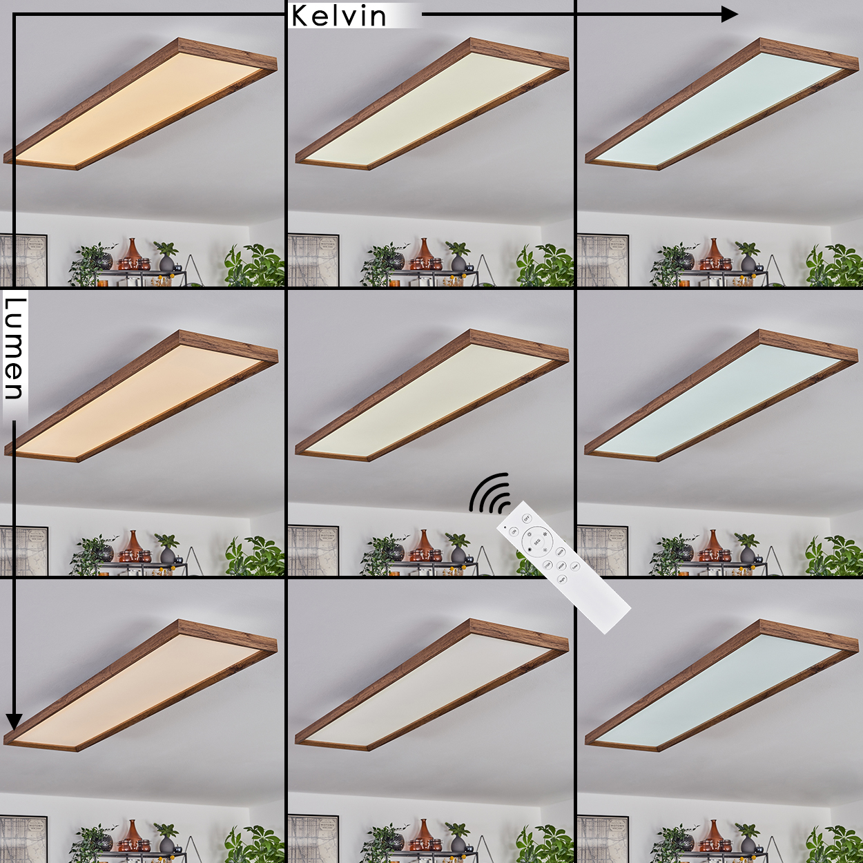 Neun Ansichten einer Deckenleuchte mit Holzrahmen und Lichtfeld, mit Kelvin- und Lumen-Anpassungen.