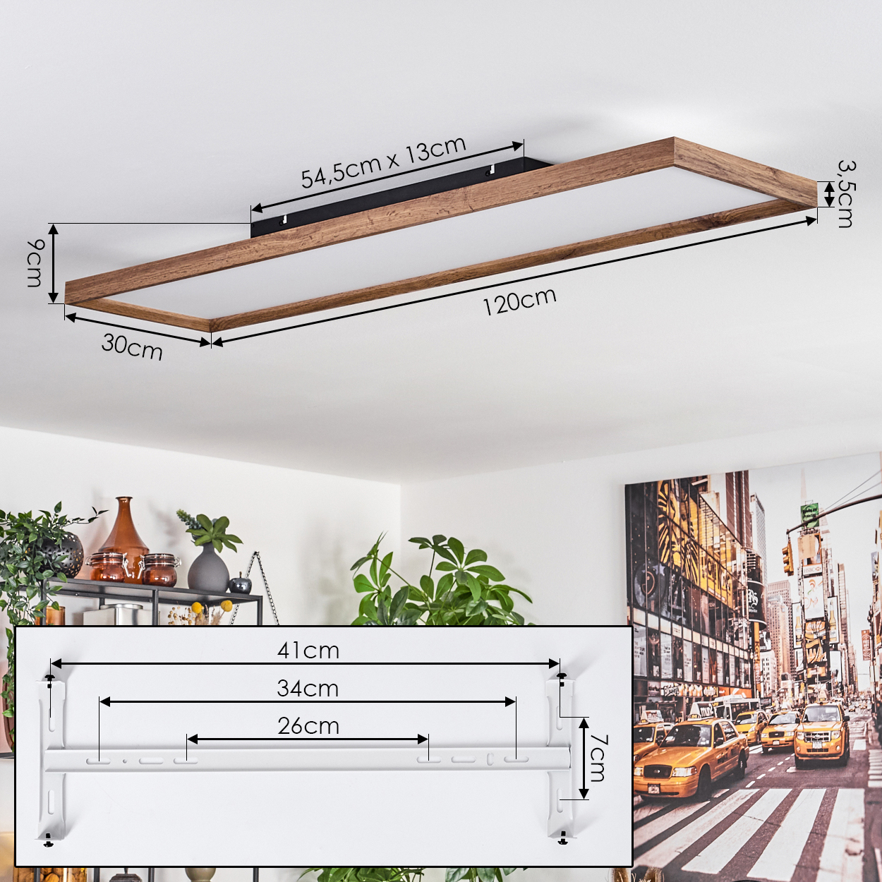 Deckenleuchte mit Bemaßung. Rechteckiger Holzrahmen mit weißem, beleuchtetem Panel. Inklusive Montageangaben.