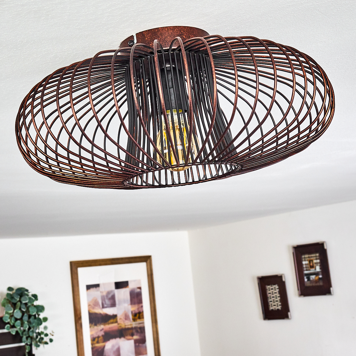 Deckenleuchte mit kupferfarbenem Drahtkäfig-Design und sichtbarer Glühbirne.