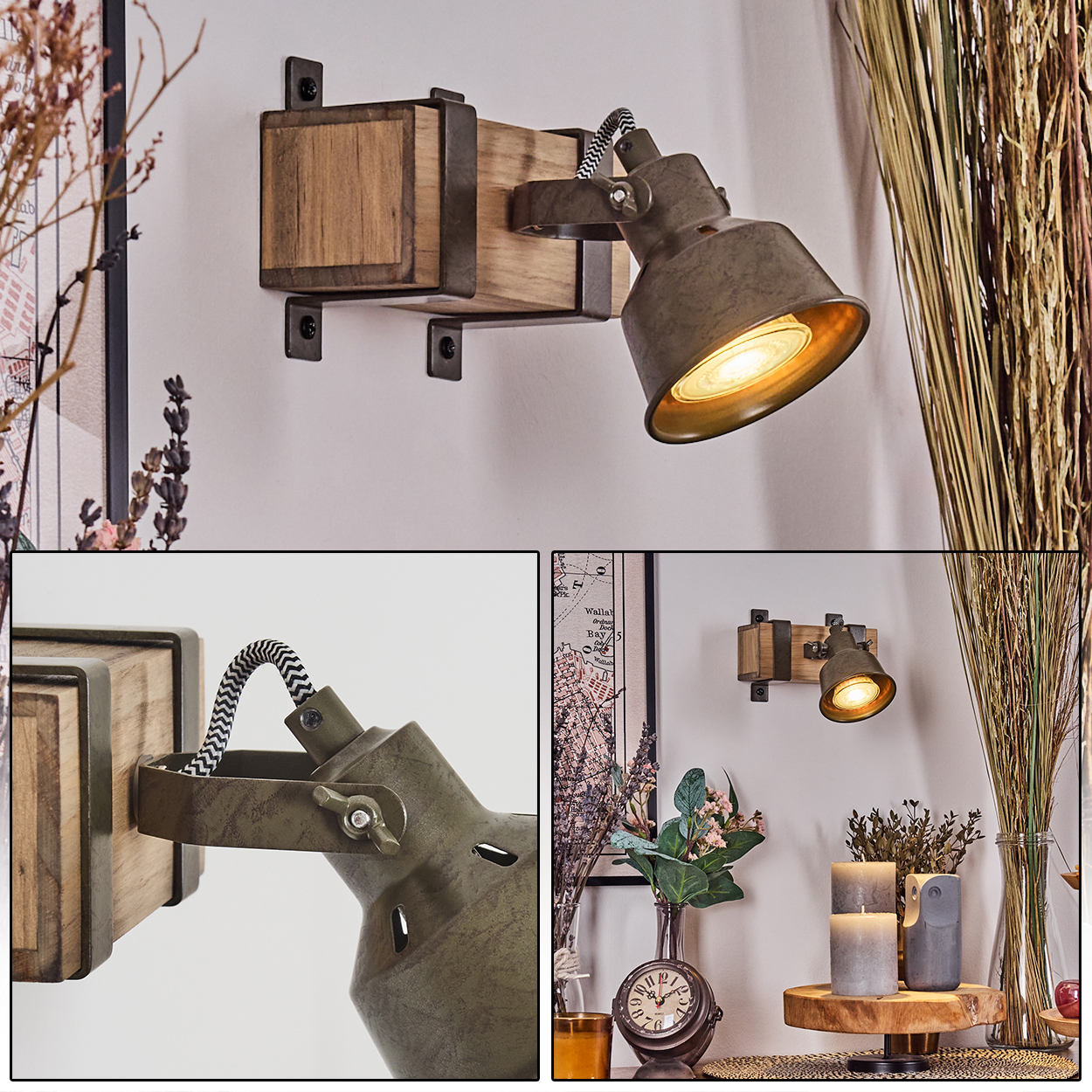 Eine Wandleuchte mit Holzsockel und Metall-Spotlight, mit zusätzlichen Bildern der Lampe.