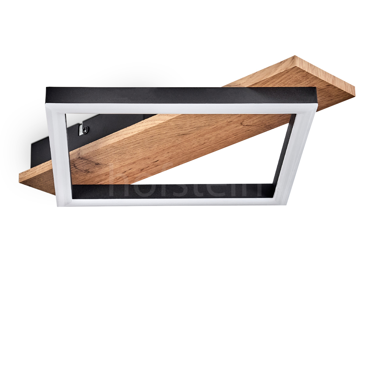 Eine Deckenlampe mit Holz- und schwarzem Rahmen, weißem Innenlicht und einem Holzregal. Der Hintergrund ist weiß.