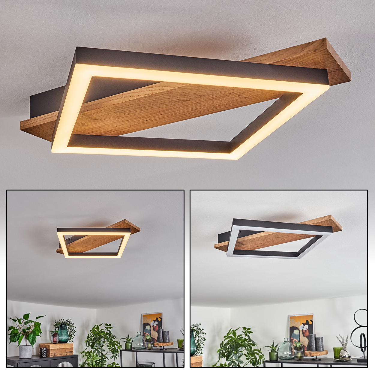 Moderne Deckenlampe mit Holzbalken und einem großen quadratischen Lichtrahmen, mit zusätzlichen Ansichten.