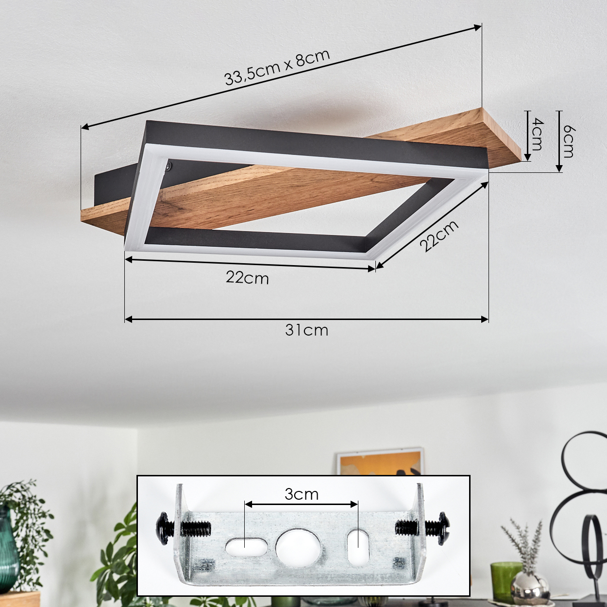 Eine Deckenlampe mit Holz- und schwarzem Rahmen, weißem Innenlicht und Holzregal. Abmessungen angegeben.