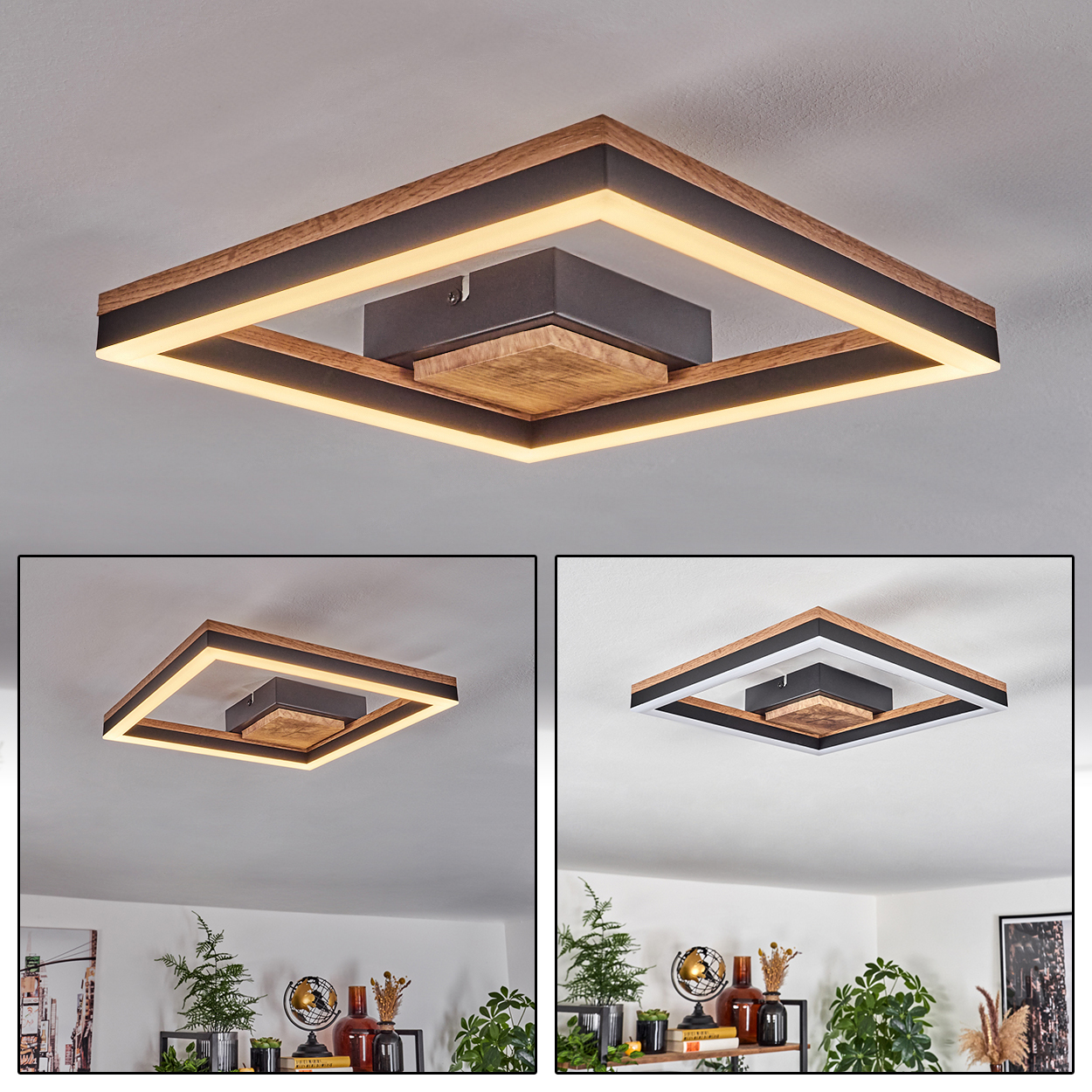 Eine Deckenleuchte mit mehreren quadratischen Rahmen, Holz, Schwarz und Weiß, mit einem Licht in der Mitte.