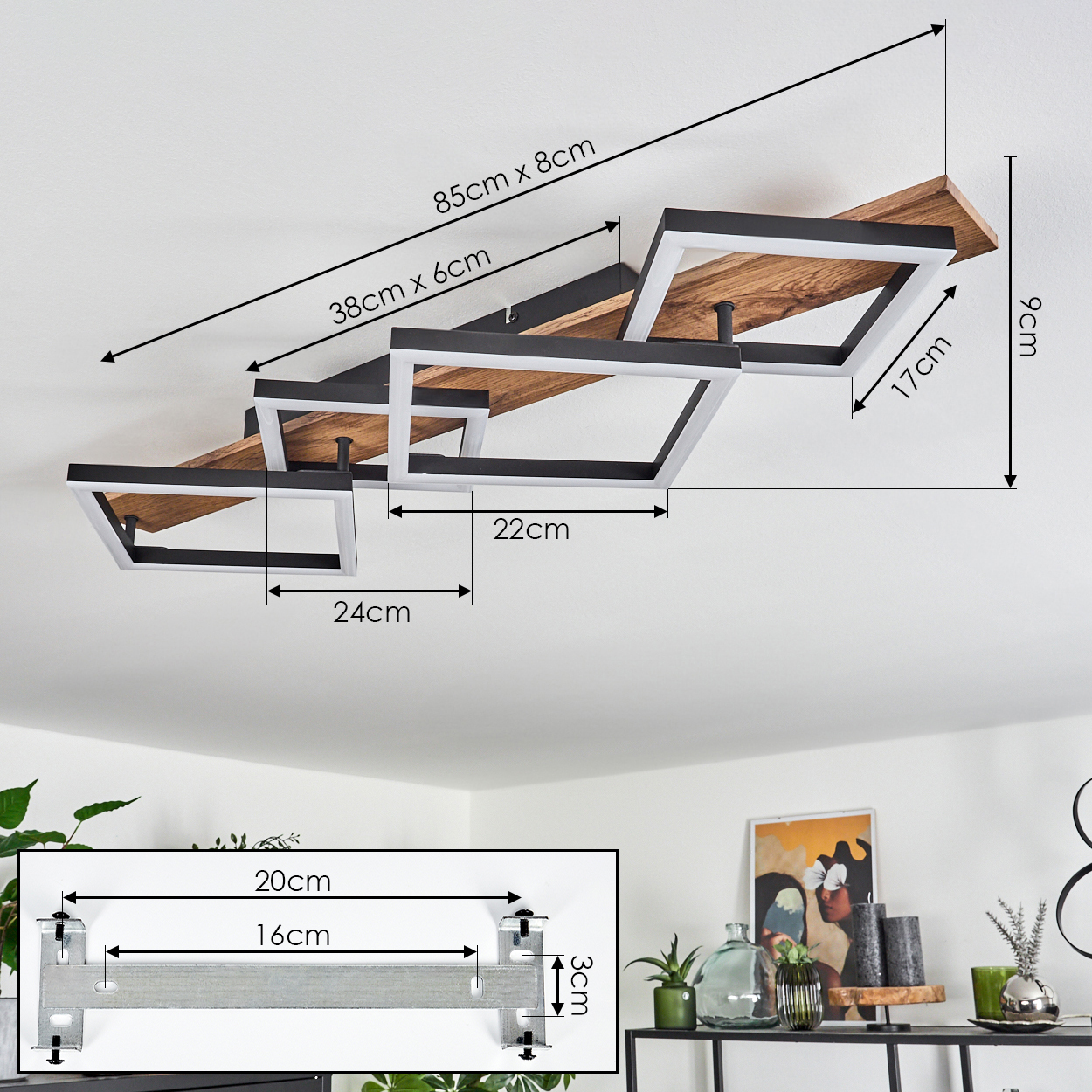 Eine Deckenleuchte mit Holz- und schwarzen Quadratrahmen. Es gibt Messungen im Bild.