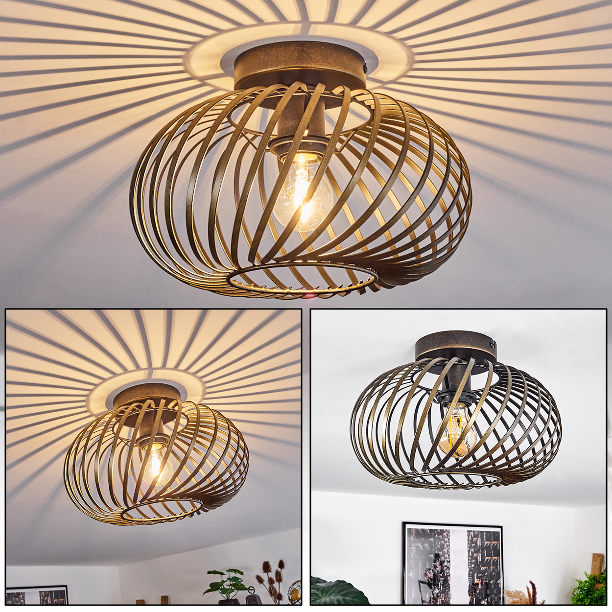 Eine Deckenleuchte mit spiralförmigem Metalldesign und sichtbarer Glühbirne, mit Schatten an der Decke.