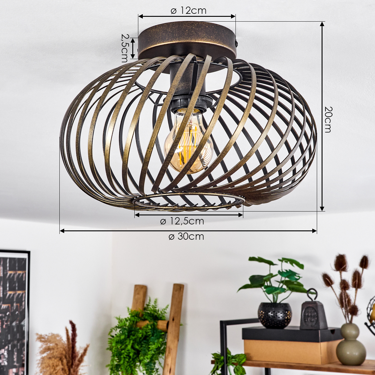 Eine Deckenleuchte mit angegebenen Abmessungen, spiralförmigem Metalldesign und sichtbarer Glühbirne.