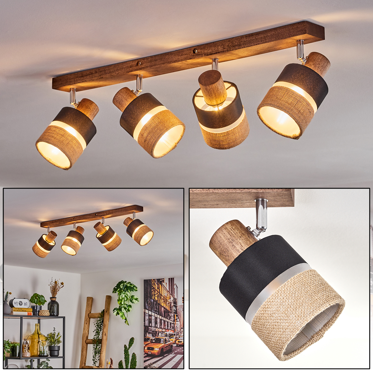 Deckenlampe mit vier Strahlern, Holzbalken. Lampen sind schwarz und beige. Der Hintergrund ist ein Raum.